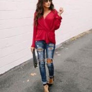 Red Satin Drape Blouse